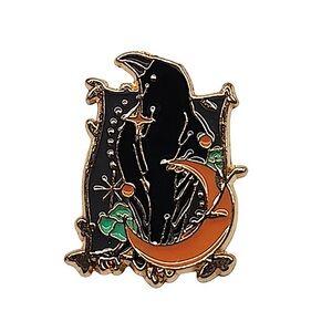 Vintage Style Black & Orange Celestial Moon Star Floral Raven Enamel Pin Brooch